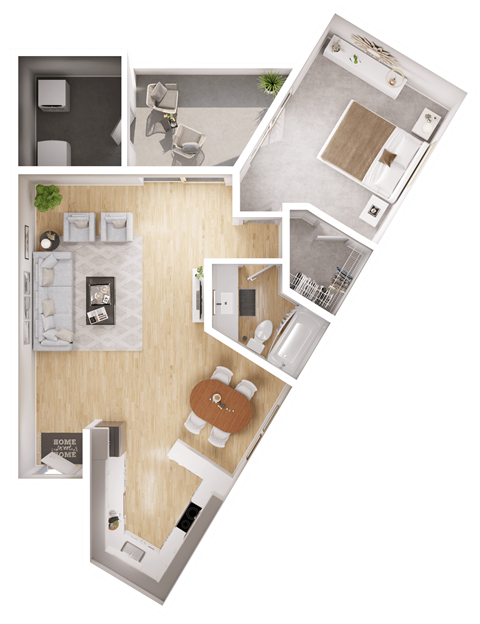 Floor plan for 1 bed, 1 bath, 748 sqft